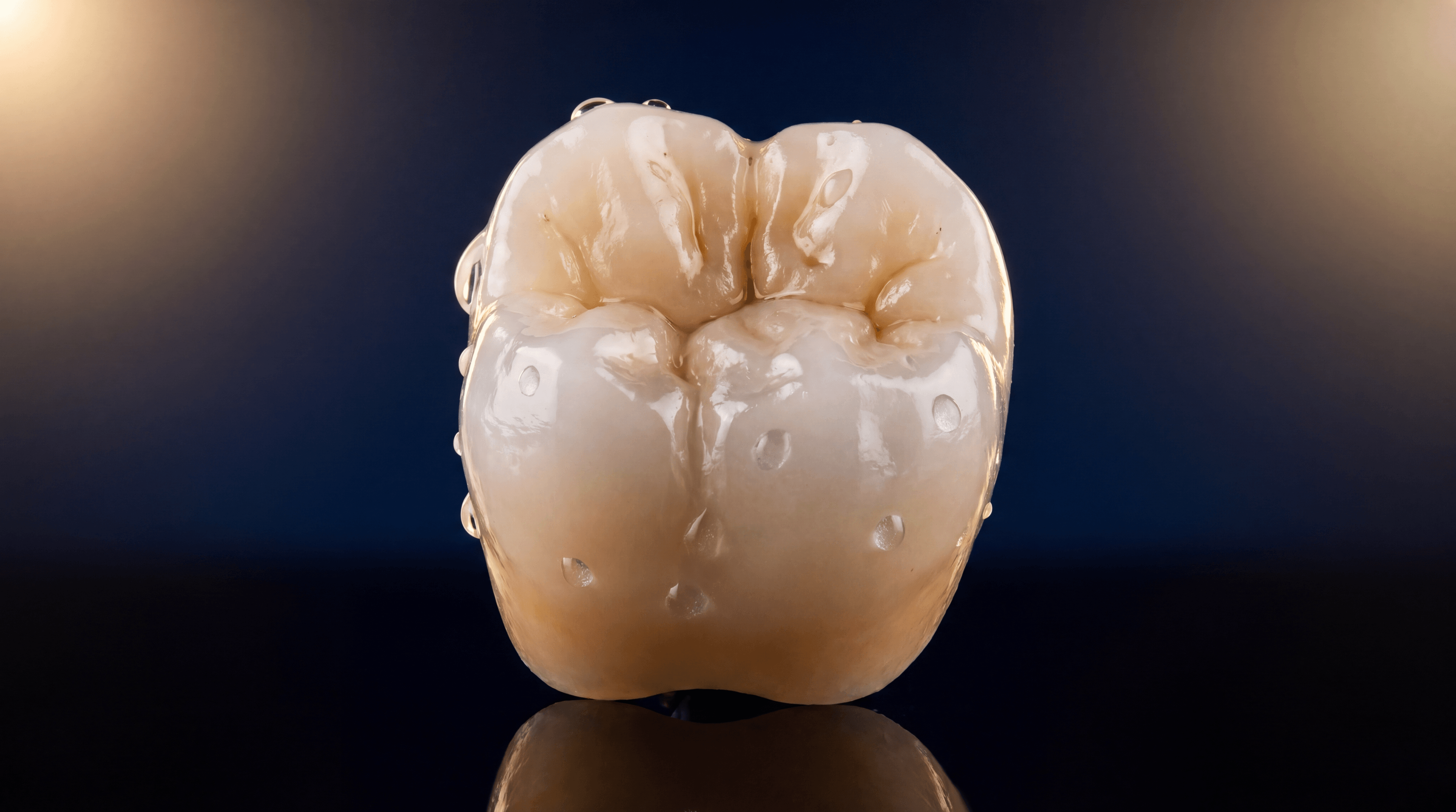 Multilayer zirconia mandibular molar with built-in shade gradient on pitch-black background