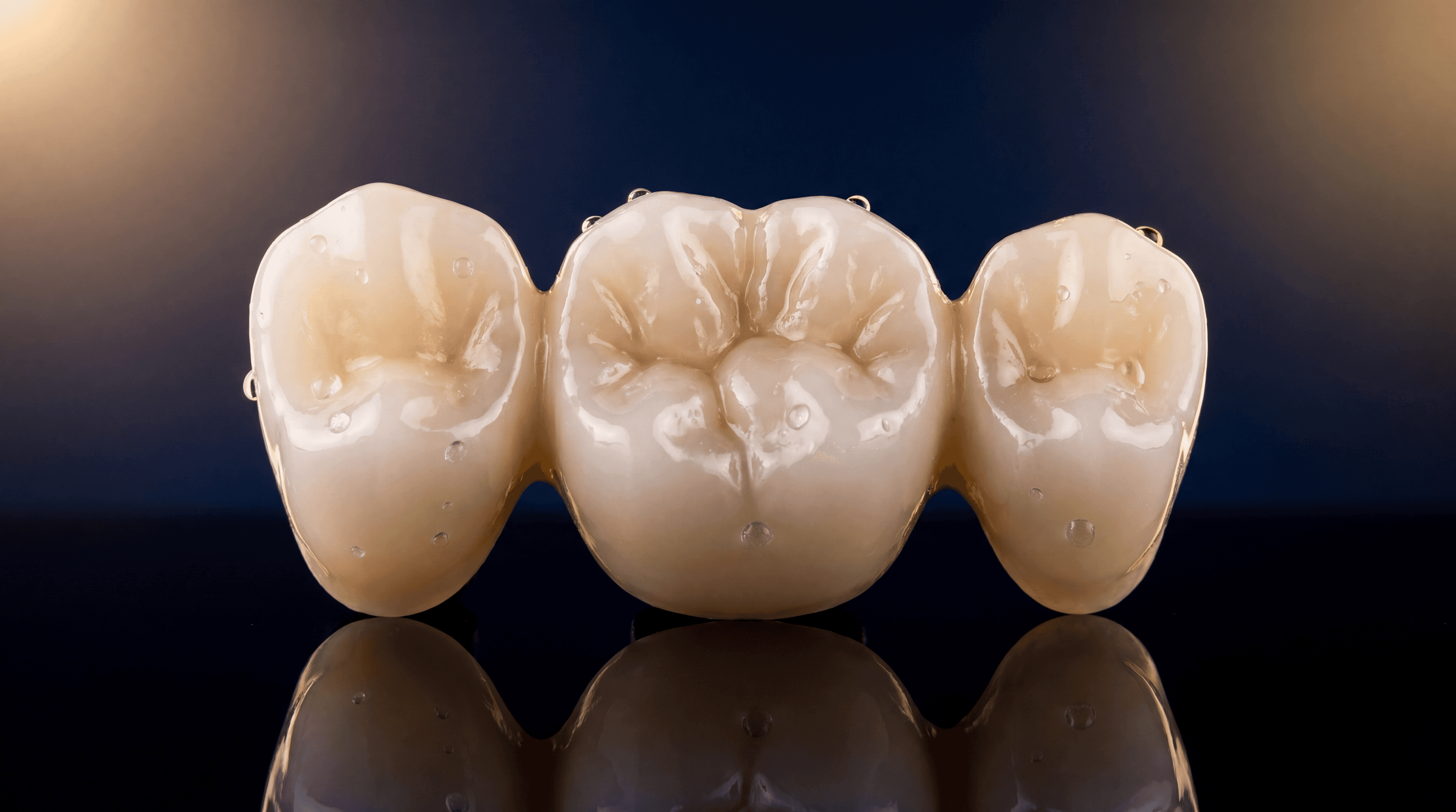 Three-unit monolithic zirconia posterior bridge with anatomical cusps on pitch-black background