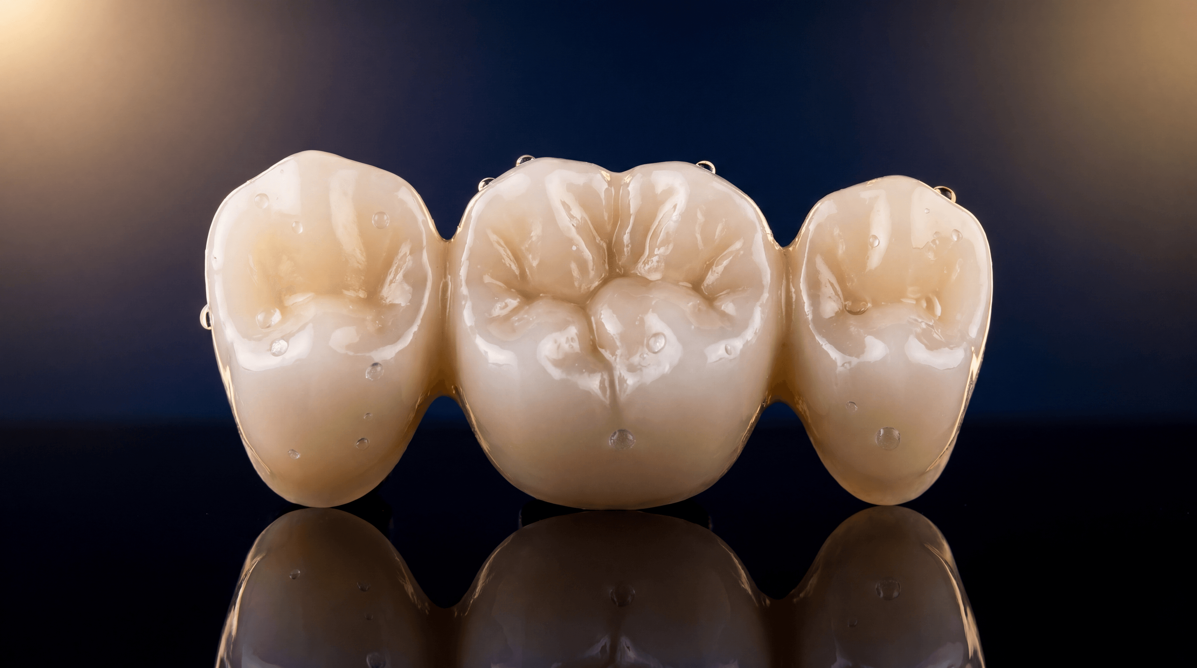 Three-unit monolithic zirconia posterior bridge with anatomical cusps on pitch-black background